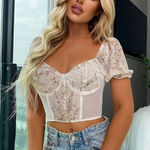 Floral Lace Puff Sleeve Sweetheart Neck Bustier Corset Crop Top White Size L Photo 0