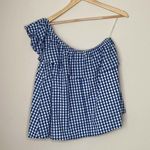 Lauren James  Womens‎ Medium Blue Gingham One Shoulder Top Blouse Ruffle Photo 3