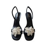 Larroude Hibiscus Slingback Heel Sandals in Black Leather Flower Size 10 Heels Photo 2