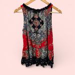 Cute flowy ruffle boho paisley tie neck sleeveless top preppy coastal swingy Blue Size M Photo 2