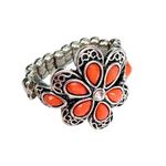 Coral Floral Bling Stretchy Adjustable Silver Tone Cocktail Statement Ring Orange Photo 0