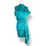 Saylor Cindylou Cocktail Dress Teal Satin Jacquard Floral Draped Hem Mini Dress Photo 9