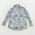 Tahari  100% Linen Tropical Bird Shirt Blue Button Roll Tab Sleeve Womens Size M Photo 3