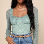 Lulus Bodysuit Womens Medium Green Major Aesthetic Sage Green Ditsy Floral Mesh Photo 0