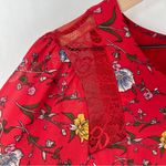 Skies Are Blue  Vibrant Red Floral Chiffon Lace Detail 3/4 Sleeve Shift Dress‎ M Photo 3
