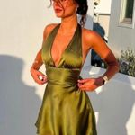 ZARA  dress halter open back tie bow Elegant Olive Green Satin wedding party Photo 12