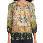 Fig and Flower Border Print Boho 3:4 sleeve blouse size Large Black Photo 4