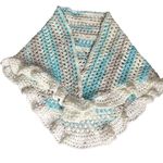 Handmade Blue Grey White Crochet Knit Shawl Wrap With Ruffled Edges Soft NEW Photo 0