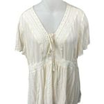 Torrid  White Striped Short Sleeve Crochet Lace-Up Crinkle Peplum Blouse Top Sz 3 Photo 0