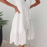 Hale Bob  White Eyelet Wrap Dress Flutter Sleeve Ruffle Hem Size Medium‎ Photo 0