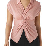 Halara  XL NYE Sparkle Metallic Champagne Pink Twist Front Mesh Blouse Top Photo 0