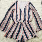 Leith Striped Long Sleeve Flowy Romper Size Medium White, Coral Pink, & Blue Photo 3