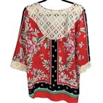 Fig & Flower Floral Lace Trimmed Tie Front Blouse‎ Top M Red Size M Photo 3