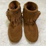 Minnetonka Double Fringe Suede Bootie Moccasins 6.5 Dusty Brown Side Zip Leather Photo 0