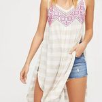 Free People Embroidered Native Sun Long Tunic Dress Slit Pink Striped Size Large Photo 1
