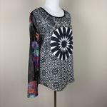 Desigual Top Womens Large Black Multicolor Floral Long Sheer Mesh Sleeve Y2K L Photo 5