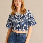 Farm Rio NWOT  Linen Lace Nature Short-Sleeve Crop Wavy Blouse Size S Blue Photo 0