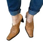 MIA Vicki Laser Cut Leaf Pattern Slip-On Leather Mules Tan Photo 0