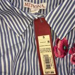 Merona Blue /White Striped Button Front Bouse with Embroidered Pink Rose Details Photo 14