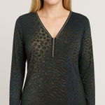 Frank Lyman Knit Top Size 8 Animal Black Blue 3/4 Sleeves Sparkle Artsy Casual Photo 0