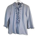 Talbots Blue White Pin Striped 3/4 Sleeve Ruffled Neckline Button Up Size 4 Photo 0