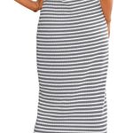 BTFBM Women Casual Summer Dresses Short Sleeve Striped Midi Dress Decorative Button Ribbed Knit Dress Photo 3