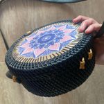 Round Ratan Floral Woven Purse Wicker Circle Boho Beach Vacation Crossbody Bag Black Photo 4