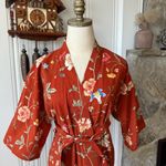 Vintage Handmade Floral Cotton Kimono Robe in Rust Orange Photo 1