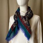 Amanda Smith Vintage  Paisley Wool Scarf Teal Blue Fringe Square Print 31x32 Photo 0