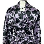 ZARA Satin Ruched Shirt Dress Size M Purple Black Floral Long Sleeve Mini NWT Size M Photo 5