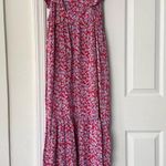 ZARA  Red Blue Floral Ruffle Shoulder Crepe Midi Tunic Prairie Dress Medium Photo 5