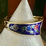 Vintage Cloisonné Blue Enamel Bird & Flower Hinged Bangle Bracelet Photo 3