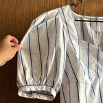 EXPRESS Blue/White Stripe Button Down Sweetheart Neck Puff Sleeve Bodysuit Large Photo 2