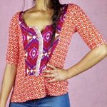 Anthropologie  AKEMI KIN Ikat Split Neck Top Orange / Red Aztec Embroidered Boho Photo 0
