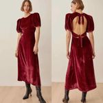 Reformation  Livia Velvet Silk Dress Puff Sleeves Crimson Red Size 0 Photo 3