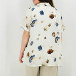 vtg dreamy watercolor ivory slate blue delicate button down top feminine floral White Size L Photo 5