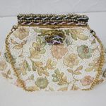 Vintage Womens Change Purse Bag Cream Beaded Floral Embroidery Handbag w/ Mirro Photo 15