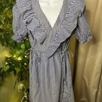 Sandro  Paris V-neck, Blue and White Striped Mini Dress with Puff Sleeves Size 4 Photo 0