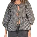 NEW~ Black Gingham Tie Front Top Babydoll Long Sleeve Peplum Babydoll Shirt L Size L Photo 1