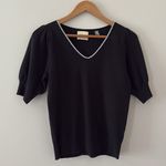 Elie Tahari  Rhinestone Edged V Neck Sweater Pleated Puff Short Sleeve Black S Photo 8
