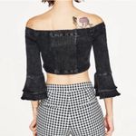 ZARA Black Acid Wash Denim Off The Shoulder Tiered Bell Sleeve Crop Top Photo 1