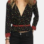 Free People  Top Where We Roam Black Printed Surplice Deep V Neck Contrast Yoke Photo 0