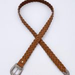Vintage Western Belt Braided Genuine Leather Silver Buckle Flower Design 38" Tan Photo 2