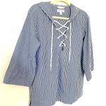 Free Assembly Oversized Striped Lace Up Cotton Hooded Blouse Top Sz S Blue Photo 10