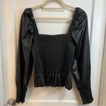 7 For All Mankind Square Neck Shirred Smocked Faux Leather Peplum Blouse Top Photo 2