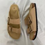 Boho Tan Brown Faux Suede Brassy Gold Buckle Sandals / Slides EU 43 US 12 Photo 0