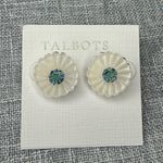 Talbots Carved Floral Rhinestone Round Stud Earrings Blue Teal & White NWT Photo 2