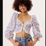 For Love & Lemons Dahlia White Blue Purple Stripe Floral Tie Front Crop Top XS Photo 0