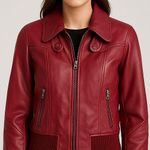 Guess Vintage Y2K  100% Leather Deep Red Burgundy Bomber Jacket Knit Trim Size XS Photo 0