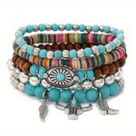 Western Lovely Vibrant‎ Turquoise Stone Beaded Stretch Bracelet Elegant Silver Brown Photo 6
